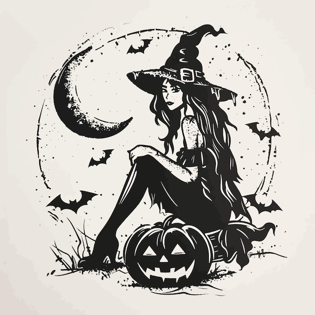 Vector a witch sits on a pumpkin with a moon behind her