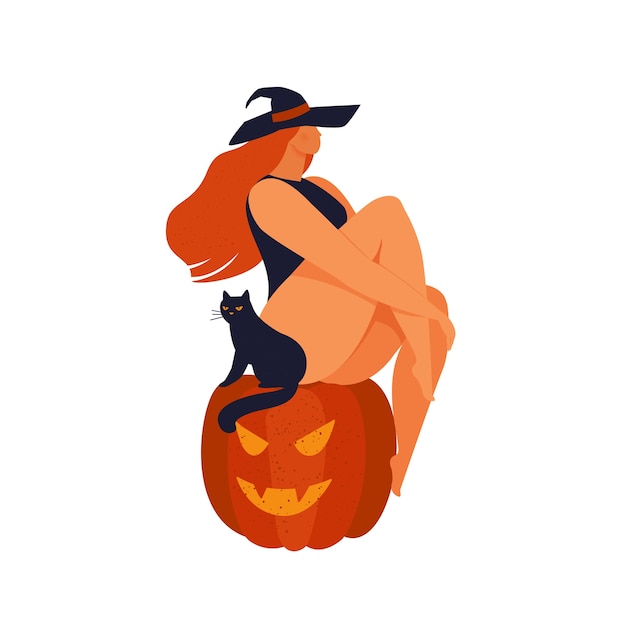 A witch sitting on a large pumpkin with a black cat.