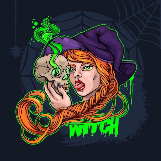 Witch and Skull Halloween Vector Illustration