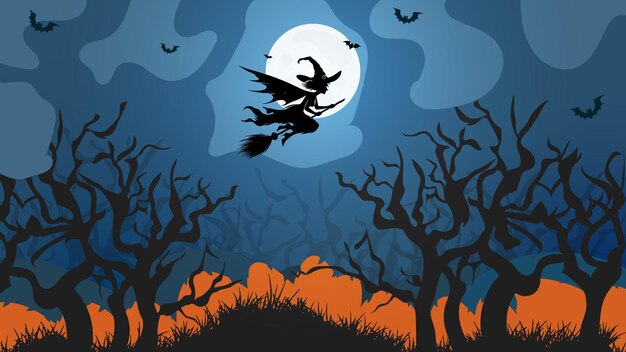 Vector a witch soars through the moonlit sky on halloween nigh