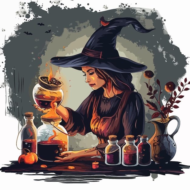 Vector a witch with a black hat is sitting next to a bottle of oil