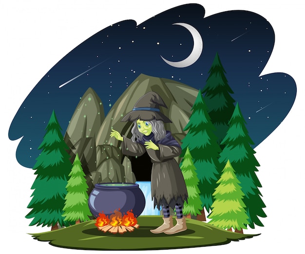 Witch with black magic pot cartoon style on dark forest background