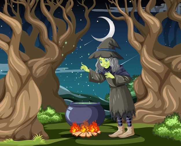 Witch with black magic pot cartoon style on dark jungle background