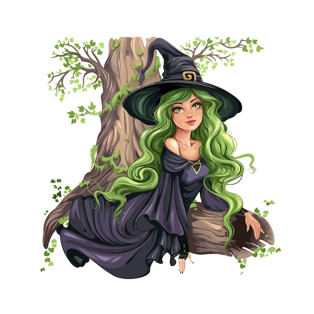 a witch with a green hair and a black witch hat sits on a tree trunk