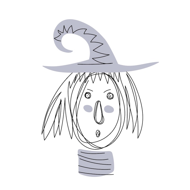 Witch with hat. Happy Halloween sketch. Halloween witch character portrait in doodle outline style