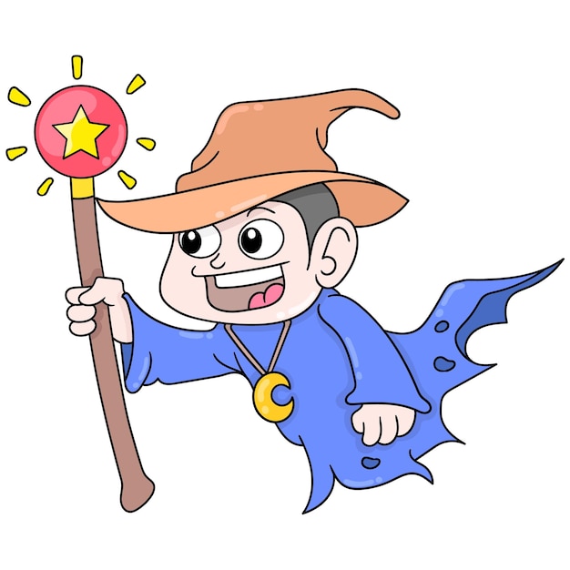 The witch with a smiling face was flying into the sky carrying a magic wand, vector illustration art. doodle icon image kawaii.