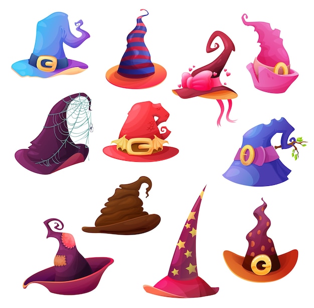 Witch and wizard hat cartoon,  Halloween horror holiday. Magic cone caps with scary spider webs, creepy bat wings and stars, buckles, bows and hearts, trick or treat party decoration