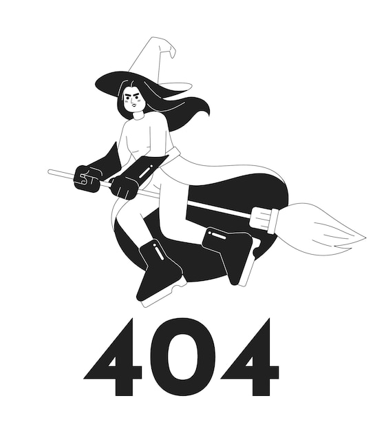 Witchcraft black white error 404 flash message Evil witch flying on broomstick Empty state ui design Page not found popup cartoon image Vector flat illustration concept on white background