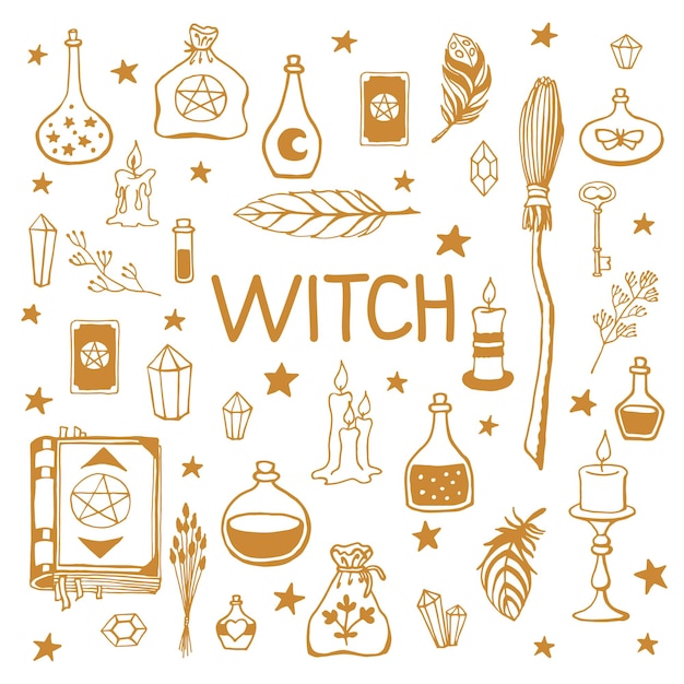 Witchcraft magic background for witches and wizards Hand drawn magic tools concept of witchcraft