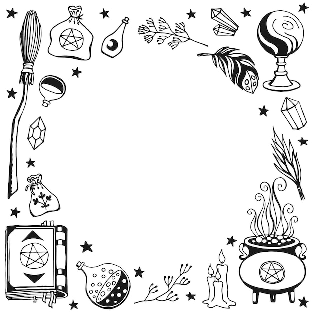 Witchcraft magic background for witches and wizards Hand drawn magic tools concept of witchcraft