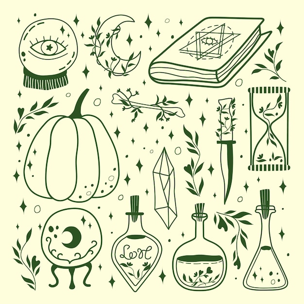 Witchcraft and Magic Illustrations. Set of magic items. Halloween wizardry.