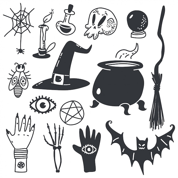 Witchcraft symbols for Halloween. Magic cartoon icons set isolated on white.