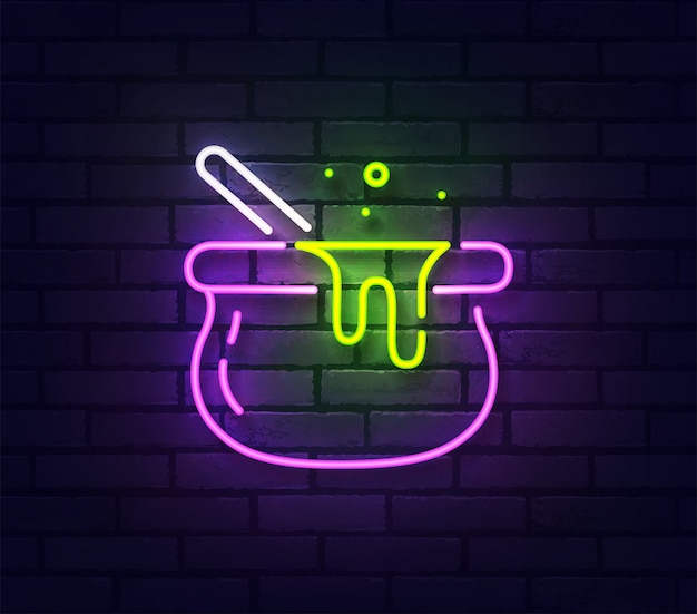 Witches bowler neon sign. Glowing neon light signboard  isolated on brick wall.