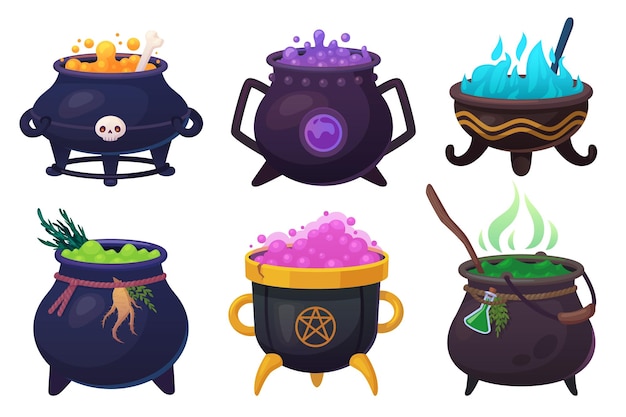 Witchs boiling cauldrons Halloween smoke boiler witch cauldron for cooking brew magic potion wizards pot with purple bubble liquid soup or broth ingenious vector illustration