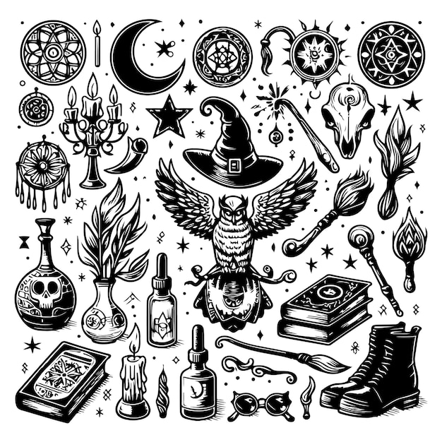 Witchy magic Set of witchcraft items Collection of witchy magic and esoteric equipment Vector