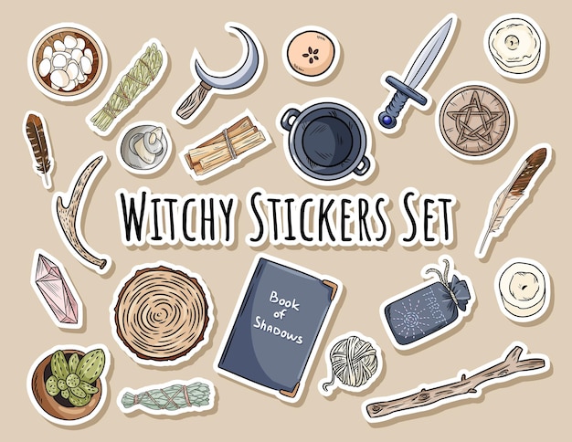 Witchy stickers set. Collection of wiccan witchcraft magical items for occult rituals. Hand drawn pagan doodles elements.