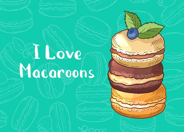 Vector with colored hand drawn sweet macaroons and place for text 