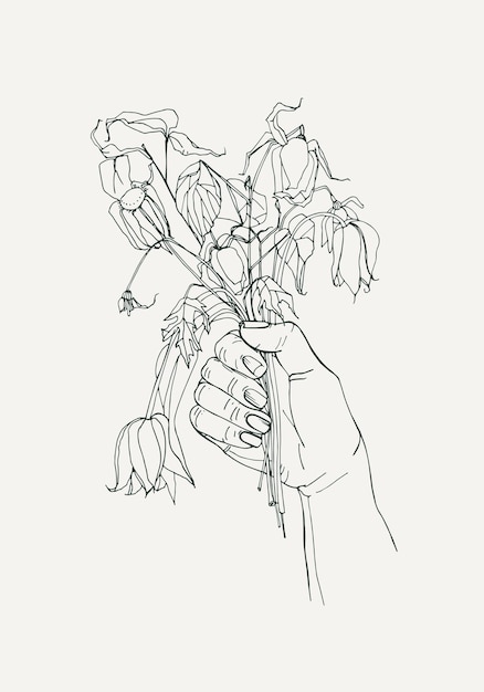 withered flowers in her hand, gone feeling concept. Hand drawn illustrations