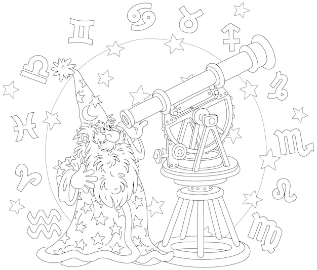 Wizard astrologer and astronomer watching stars with an old telescope surrounded by Zodiac signs