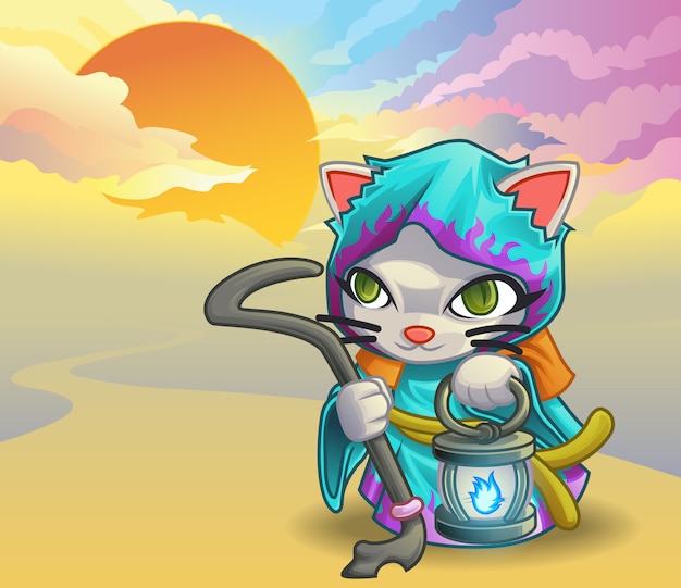 Wizard cat and sky background.