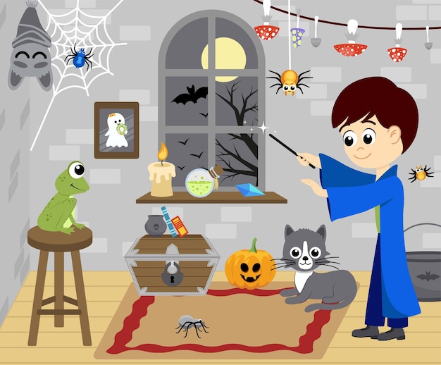 Wizard is conjuring frog by magic wand Halloween cartoon interior Flat vector