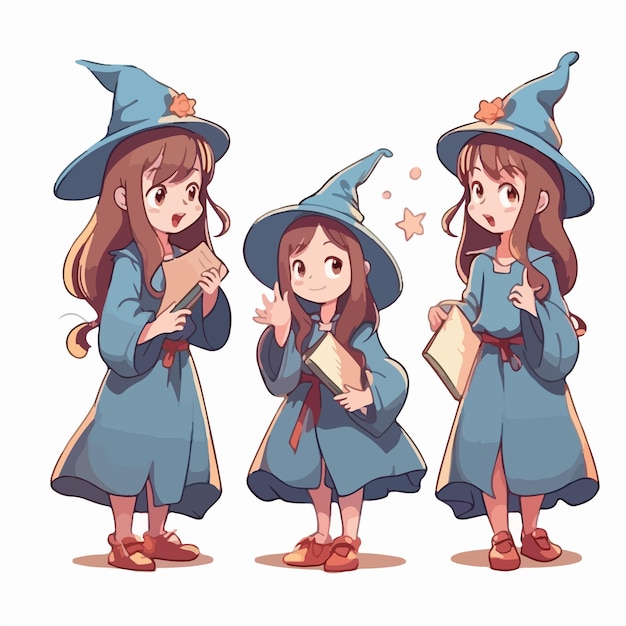 Wizard kid with wizard attire vector pose young girl cartoon style