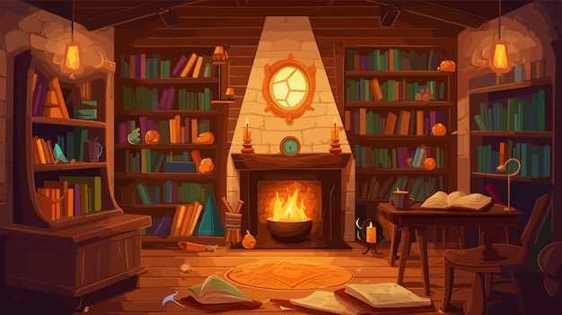 wizard library with towering bookshelves filled with ancient tomes flickering Cartoon illustration