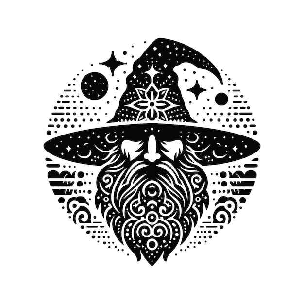 Vector wizard in silhouete with bohemian nature pattern illustration