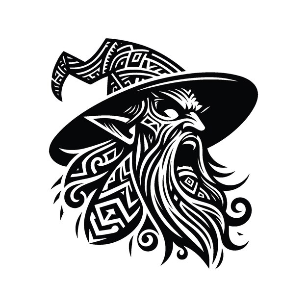 Vector wizard silhouete with polynesian ethnic pattern illustration