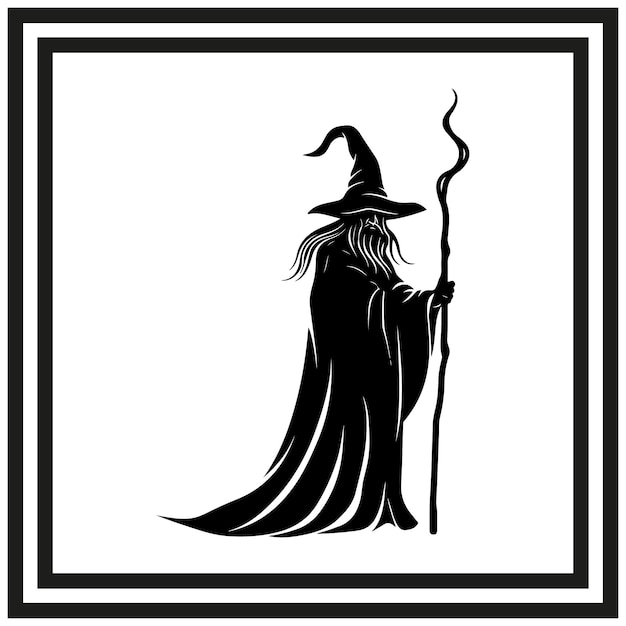 Wizard silhouette with staff clipart on a white background