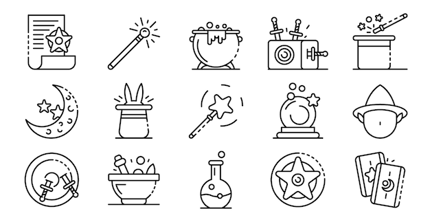 Wizard tools icons set, outline style