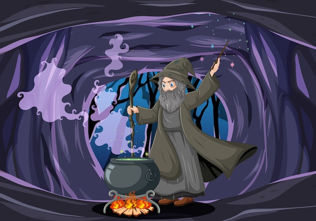 Wizard or witch with magic pot on dark cave