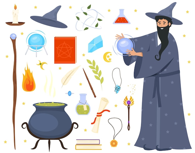 Wizard with magic attributes on white background vector illustration collection of magical symbols s