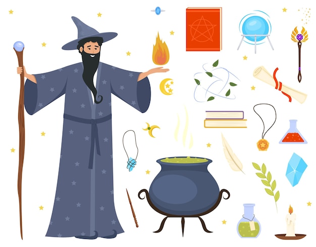 Wizard with magic attributes on white background vector illustration collection of magical symbols