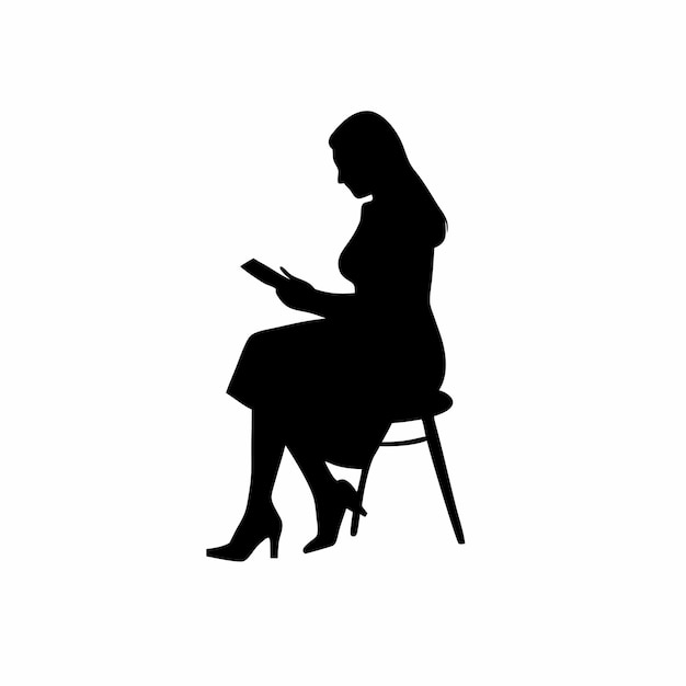 Vector a woamn reading book seating on the stand chair vector silhouette isolated white background 28