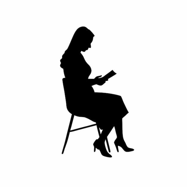 Vector a woamn reading book seating on the stand chair vector silhouette isolated white background 7