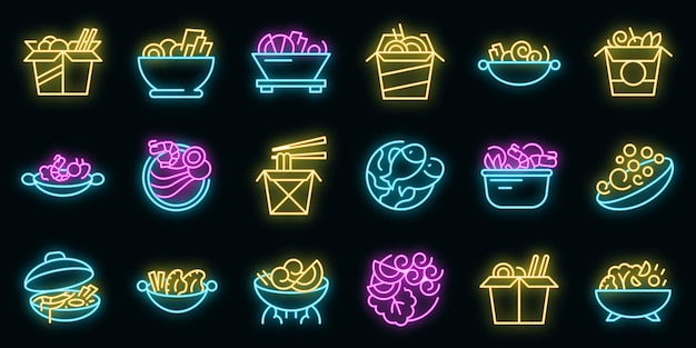 Vector wok menu icons set. outline set of wok menu vector icons neon color on black