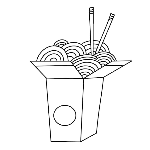 Wok noodles in takeout carton box with chopsticks Asian food outline doodle contour drawing