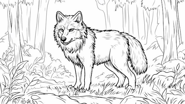 Wolf Cartoon Outline in the Forest Coloring Page