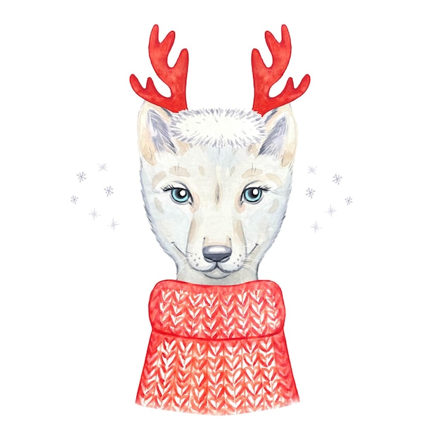 Wolf cub in a red knitted sweater watercolor illustration