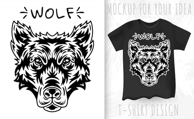 Wolf face and t-shirt in vintage monochrome style