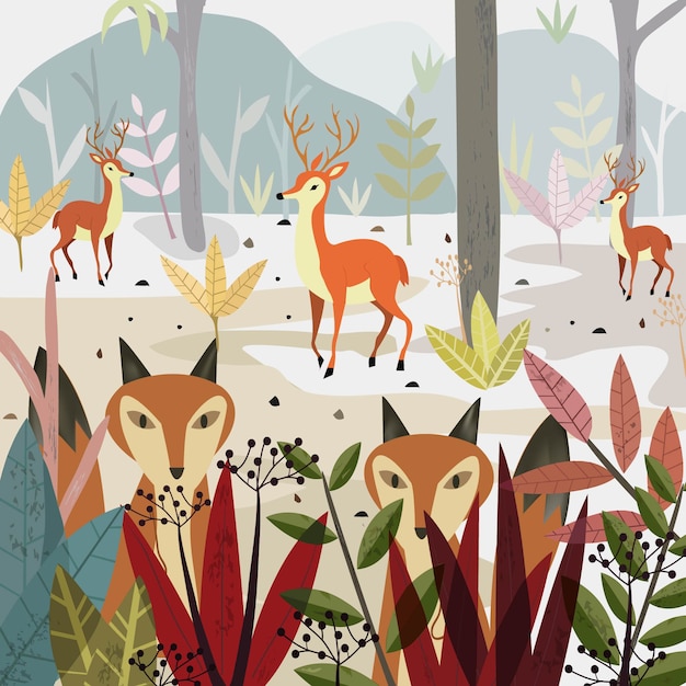 Wolf fox and deer in the forest cartoon.