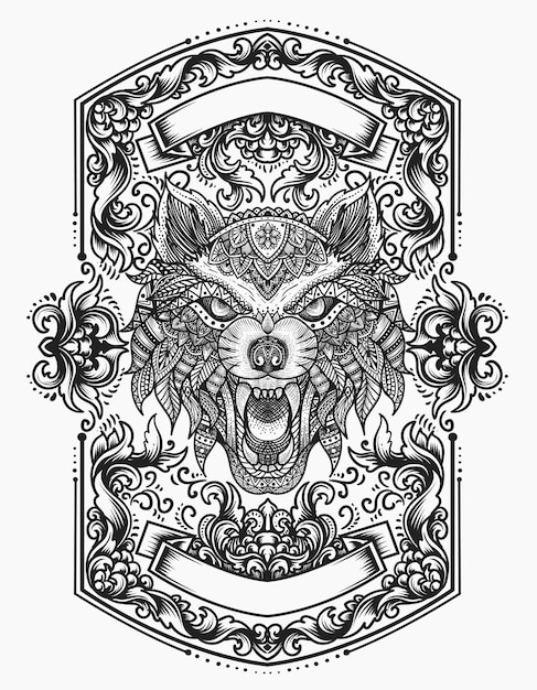 Wolf head mandala zentangle style with vintage ornament flame