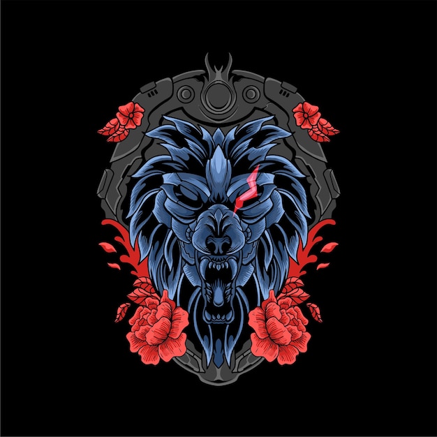 wolf head mecha with flower premium illustration