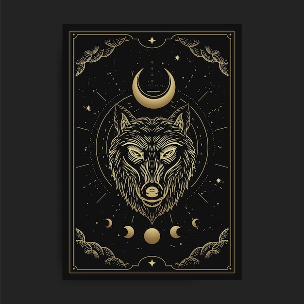 Wolf head with crescent moon in luxurious celestial engraving style