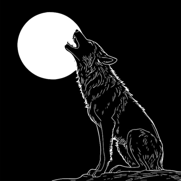 Vector wolf howl at full moon line art vector illustration