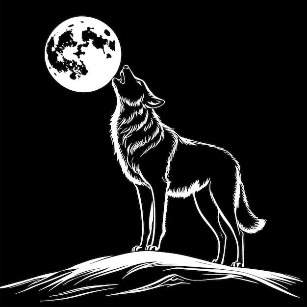 wolf howl at full moon line art vector illustration