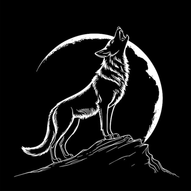 wolf howl at full moon line art vector illustration