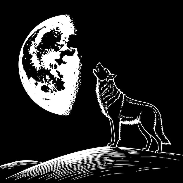 wolf howl at full moon line art vector illustration