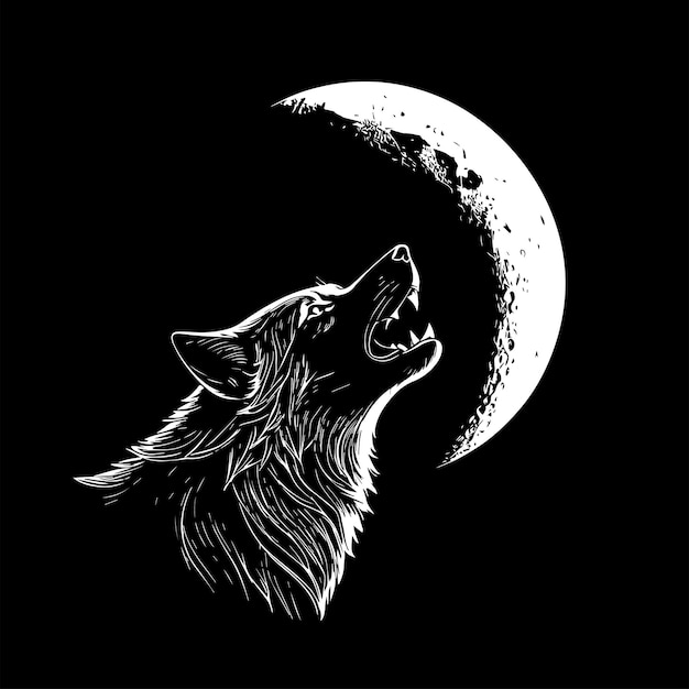 wolf howl at full moon line art vector illustration